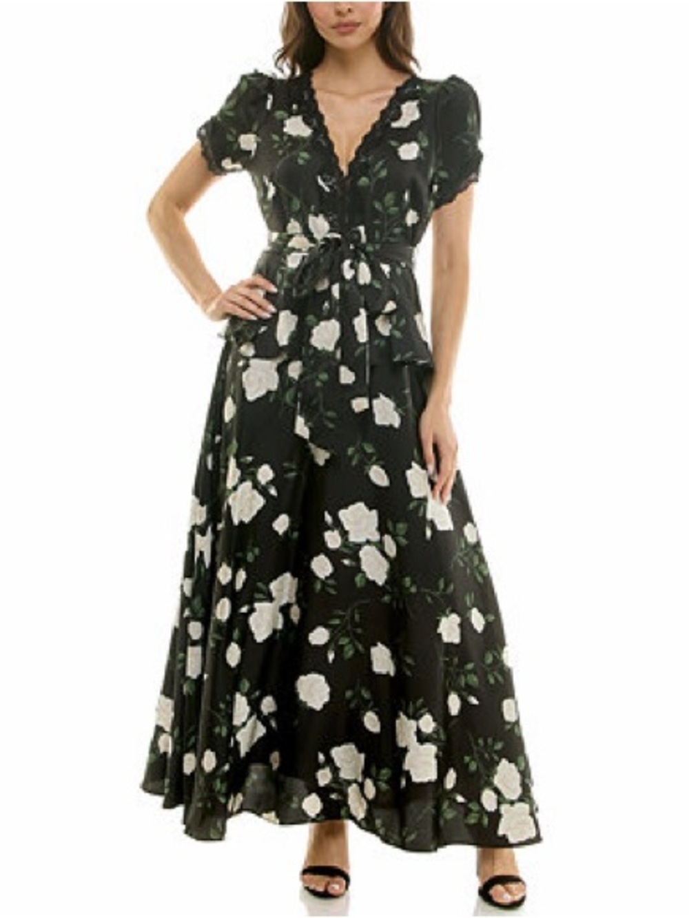 NWT Black Floral Wrap Maxi Dress with White Blooms